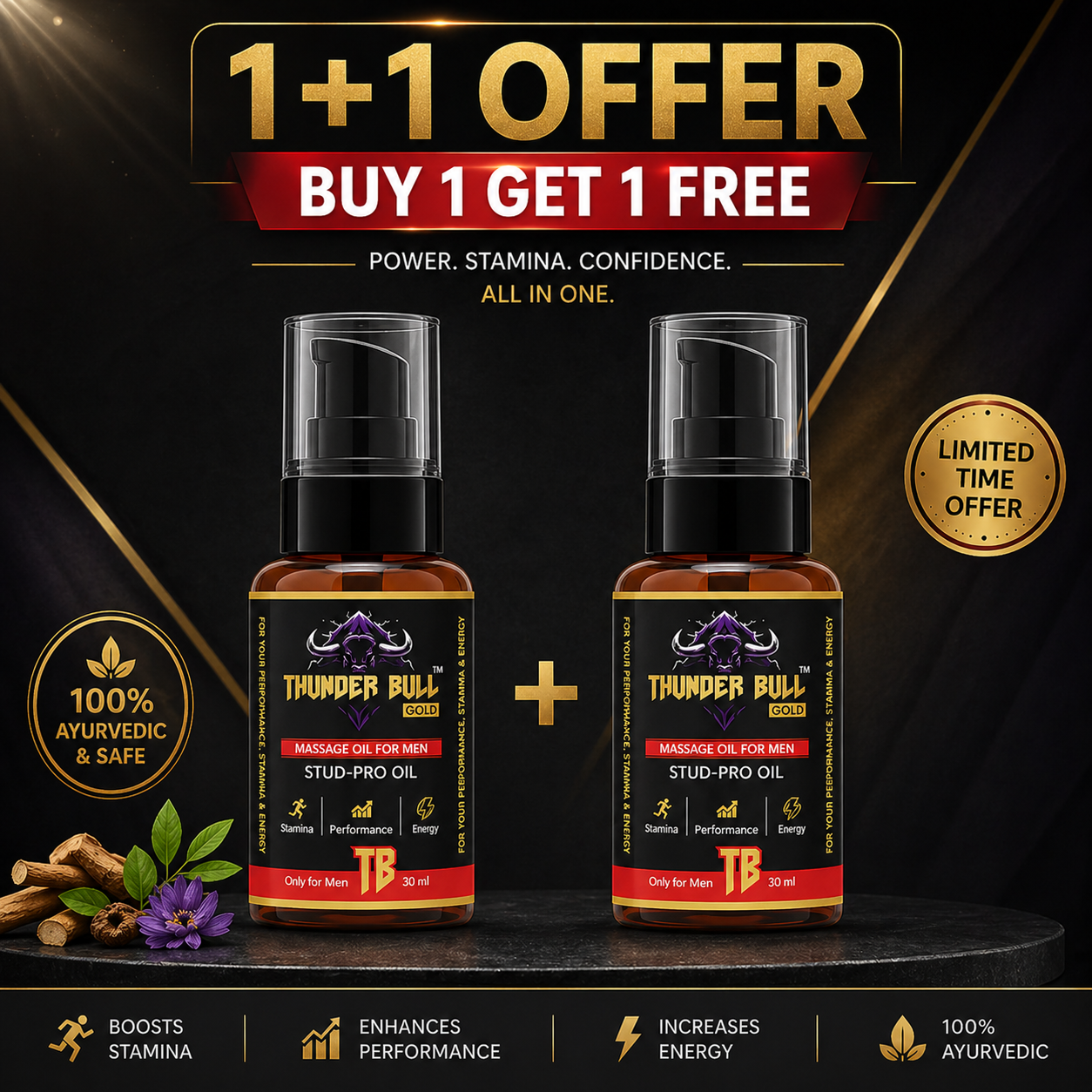 Thunder Bull Gold Massage Oil for Men | Stud-Pro Oil | Stamina & Performance Booster | 30ml | Buy 1 Get 1 Free