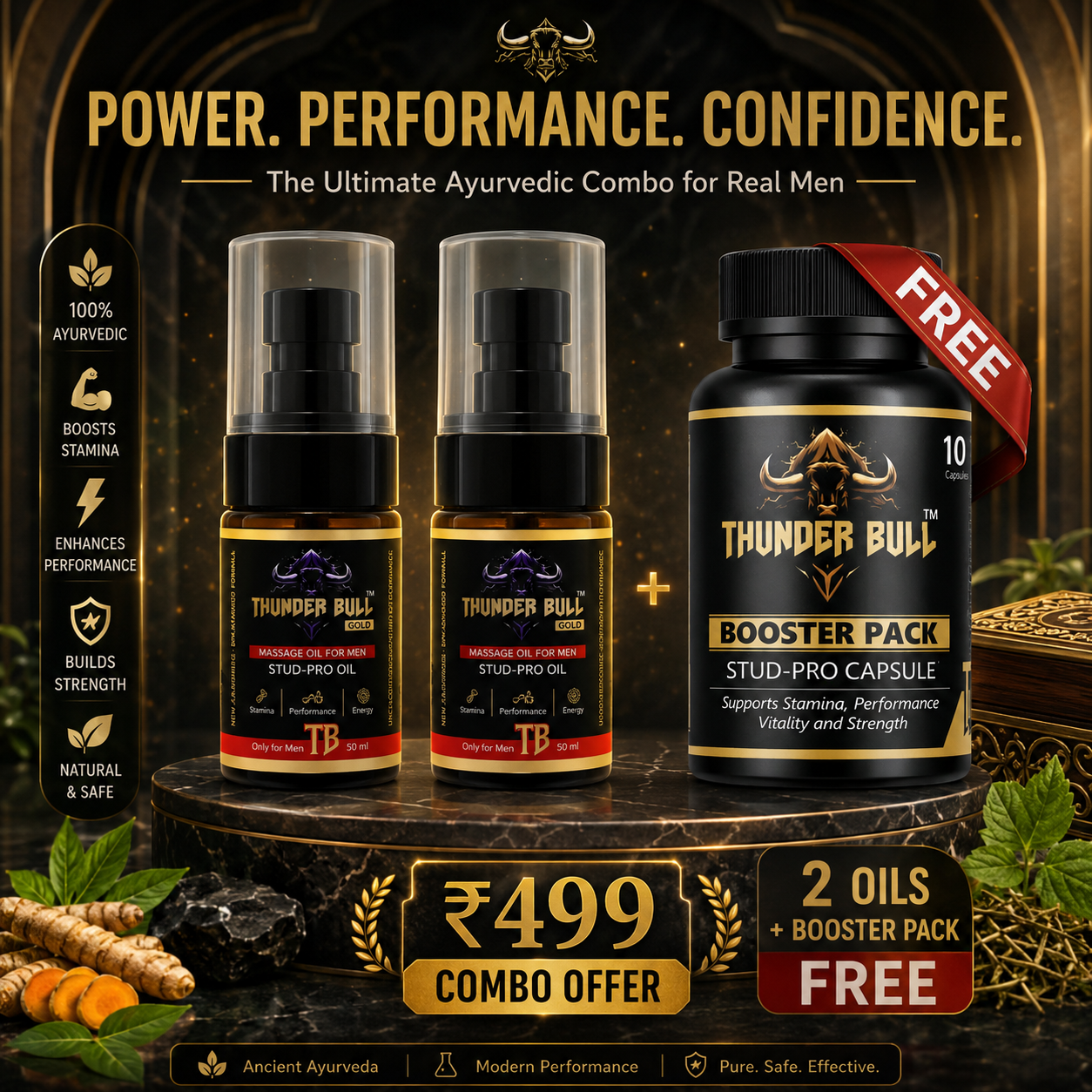 The Ultimate Ayurvedic Performance Combo – 2x Thunder Bull Gold Stud-Pro Oil (50ml) + FREE Thunder Bull Booster Pack (10 Capsules)