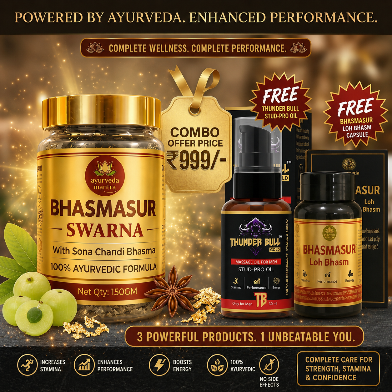 Bhasmasur Swarna Ultimate Performance Combo - 3-in-1 Ayurvedic Kit (Stamina, Energy & Strength)