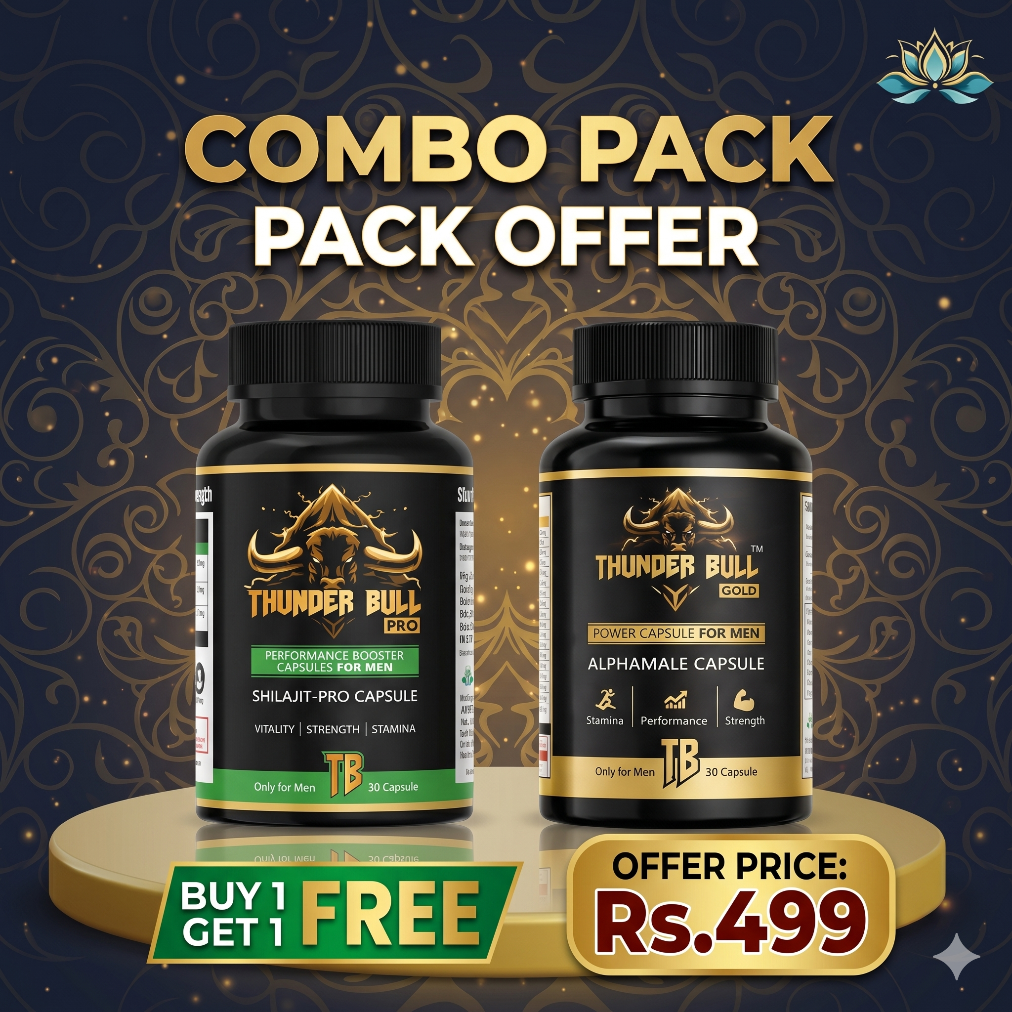 Thunder Bull Ultimate Men's Performance Combo – Pro Shilajit & Gold Alphamale Capsules (Buy 1 Get 1 Free)