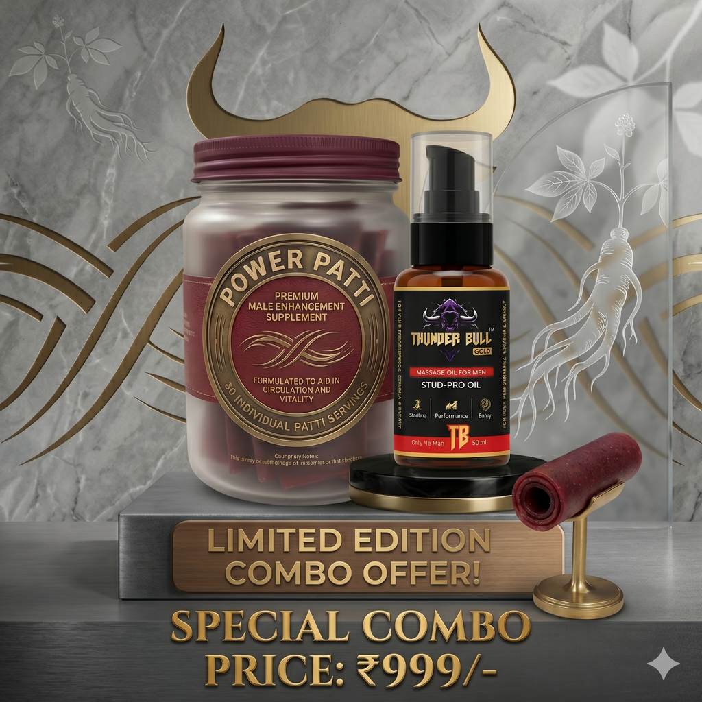 Ayurveda Mantra Limited Edition Combo – Power Patti Premium Male Enhancement Servings & Thunder Bull Gold Stud-Pro Oil