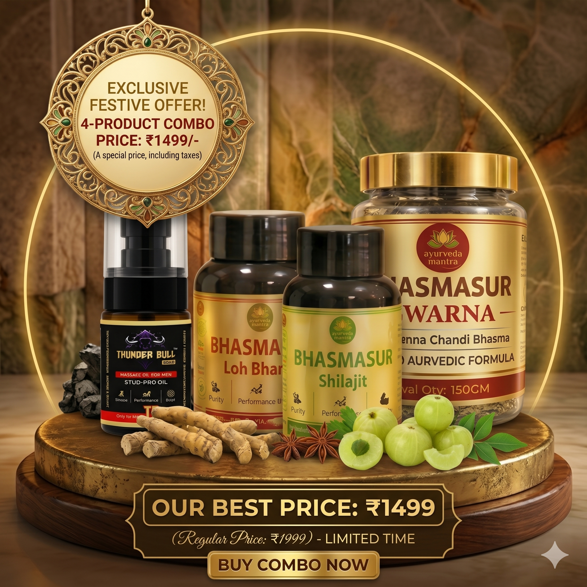 Ayurveda Mantra Imperial 4-Product Festive Combo – Swarna Gold Prash, Pure Shilajit, Loh Bhasm & Thunder Bull Gold Stud-Pro Oil
