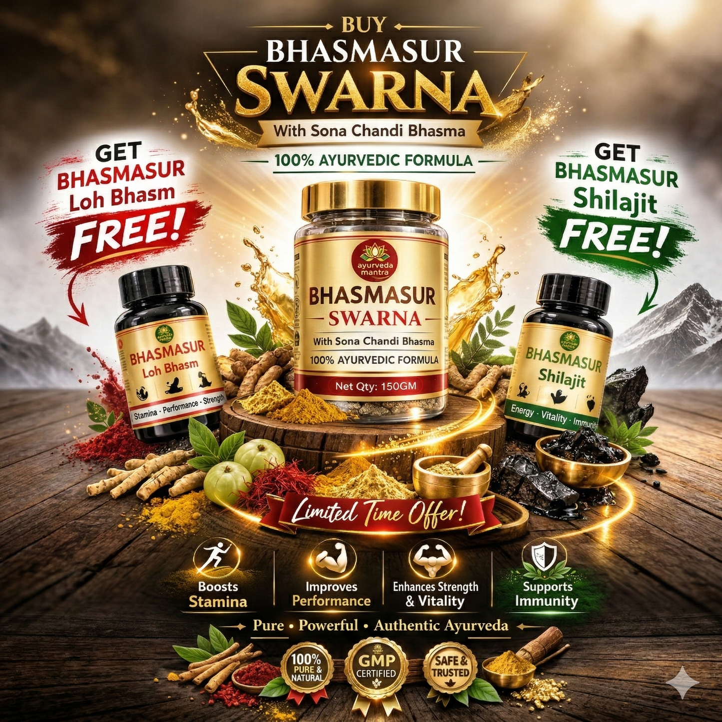 Product Title: Bhasmasur Vitality Kit – Premium Swarna Bhasma, Loh Bhasm & Himalayan Shilajit Combo (Strength & Immunity)