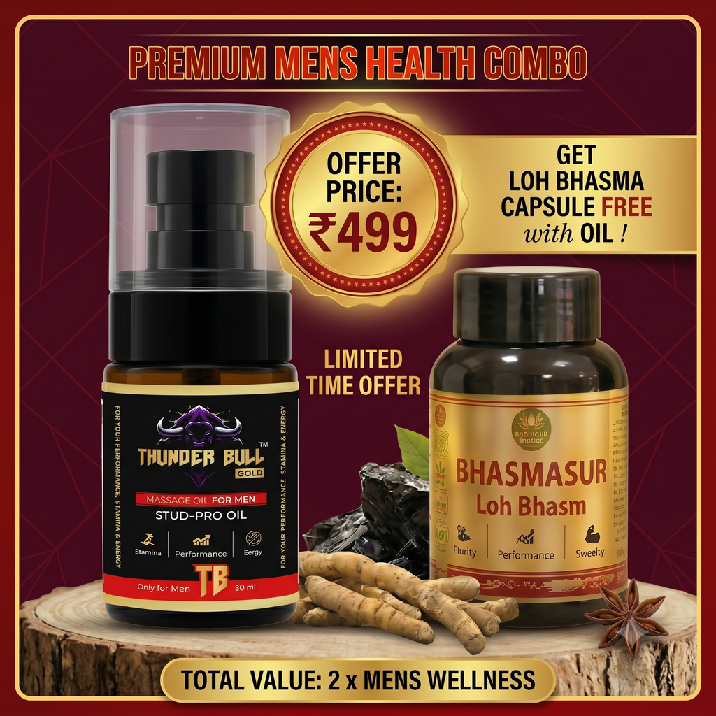 Premium Men's Health Combo – Thunder Bull Gold Stud-Pro Oil (30ml) + Free Bhasmasur Loh Bhasm Capsules