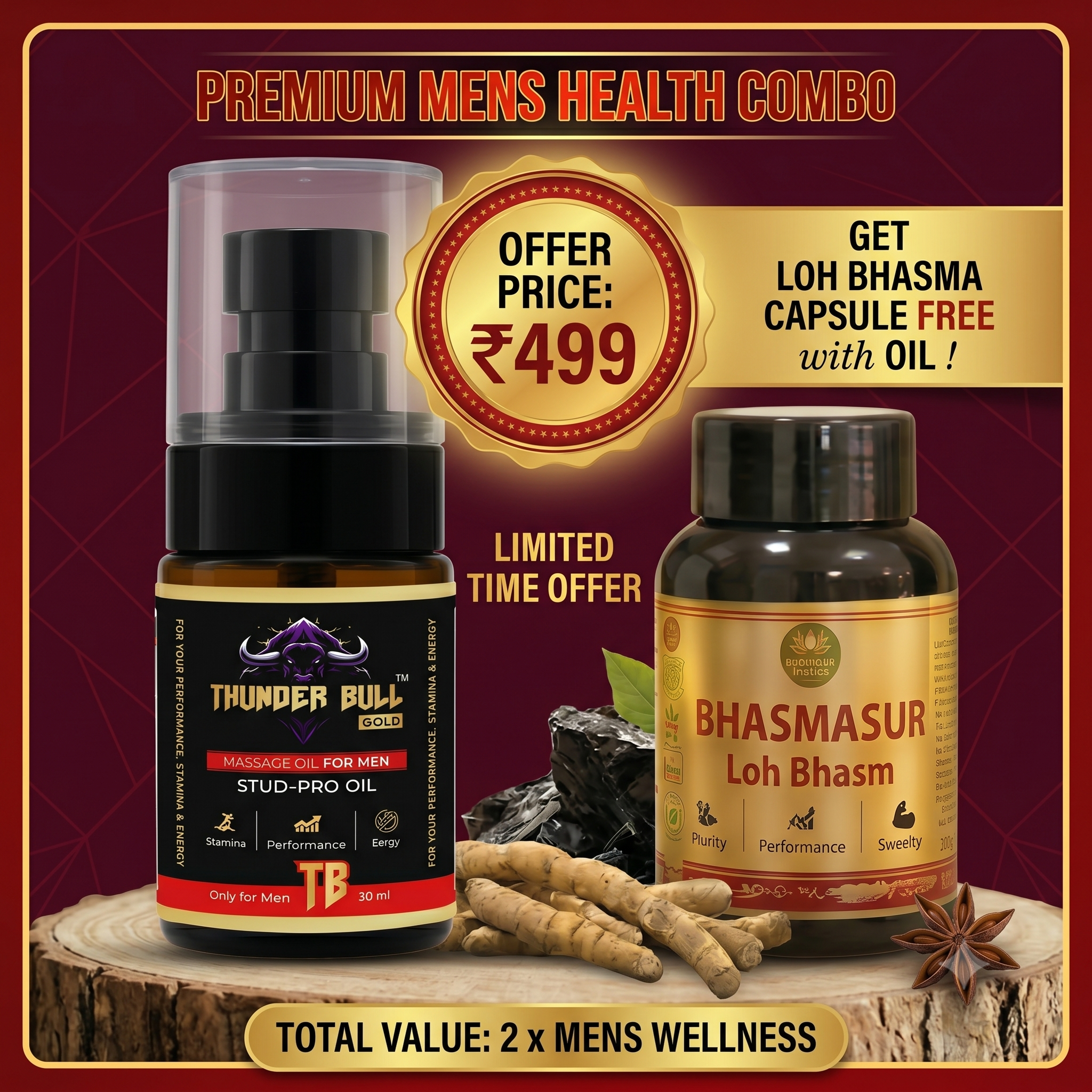 Premium Men's Health Combo – Thunder Bull Gold Stud-Pro Oil (30ml) + Free Bhasmasur Loh Bhasm Capsules